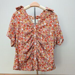 Maeve by Anthropologie Citrus Floral Ruched Front Short Sleeve Button Down Shirt